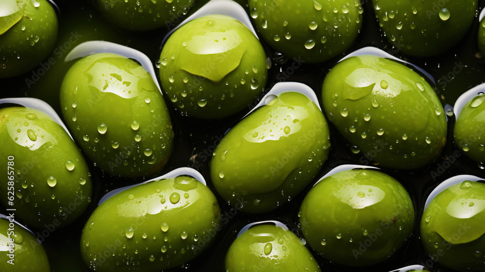 Fresh green olives with water drops background. Vegetables backdrop. Generative AI