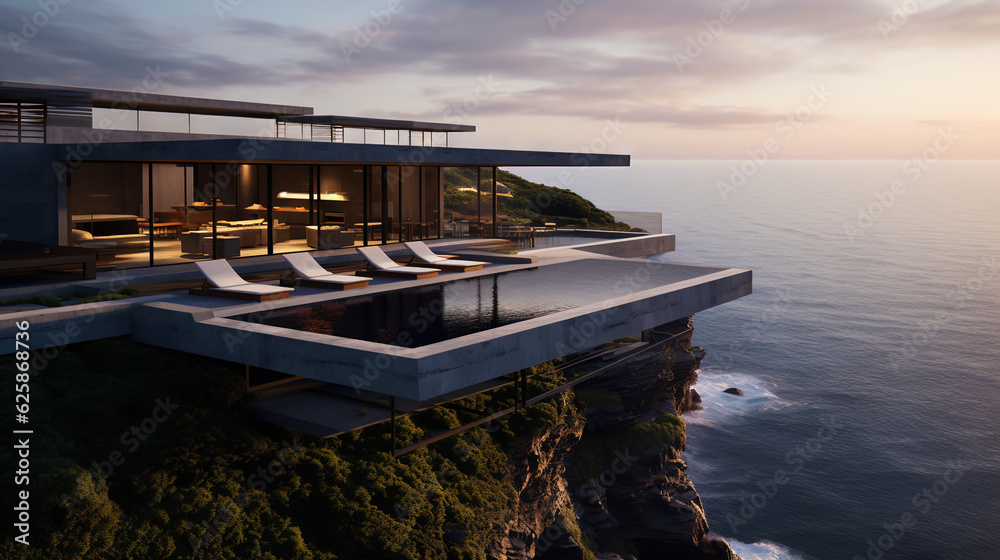 Luxury contemporaty villa on a mountain hill with a view on ocean. Generative AI