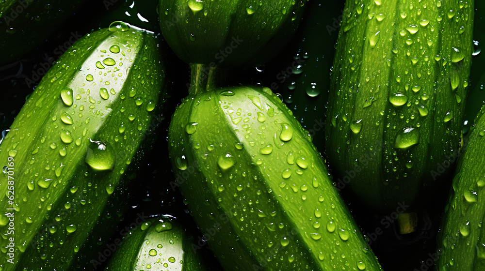 Freshgreen zucchini or courgettes with water drops background. Vegetables backdrop. Generative AI