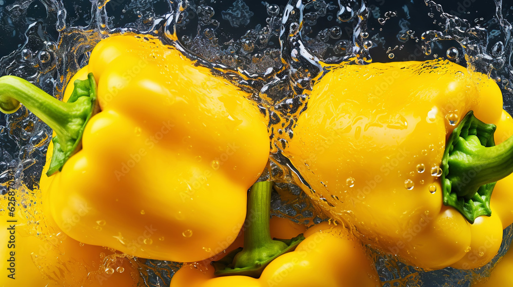 Fresh yellow bell peppers with water drops background. Vegetables backdrop. Generative AI