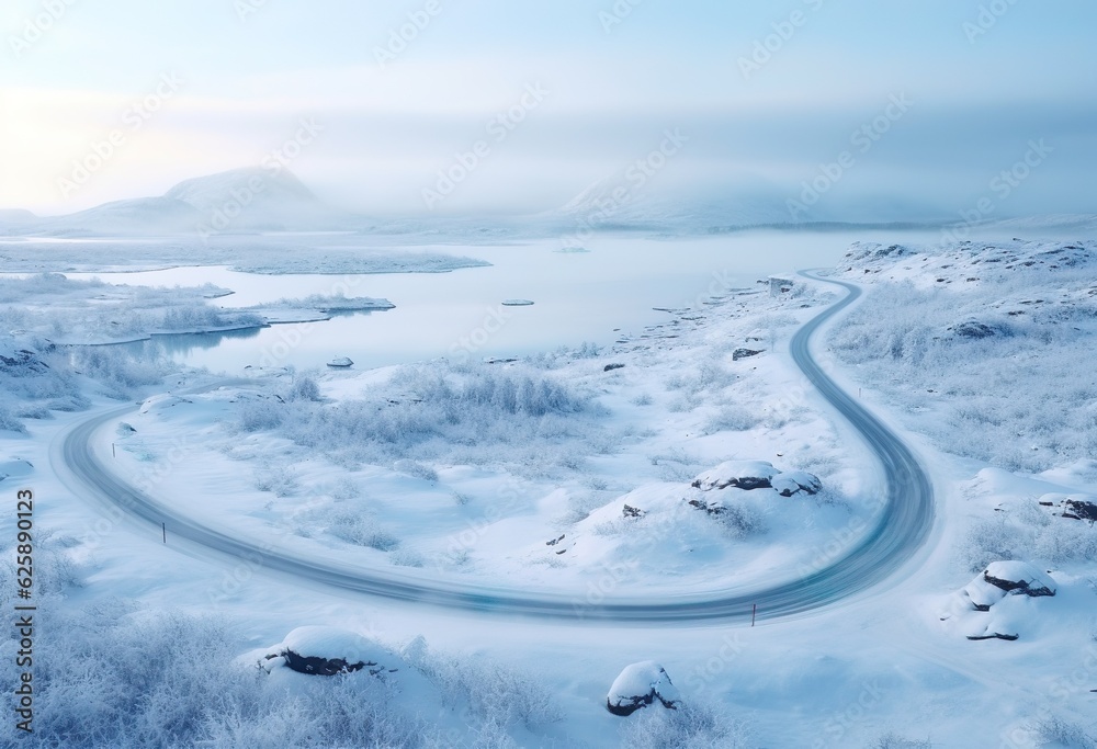 Aerial View Over Cold Winter Road in Northern Norw