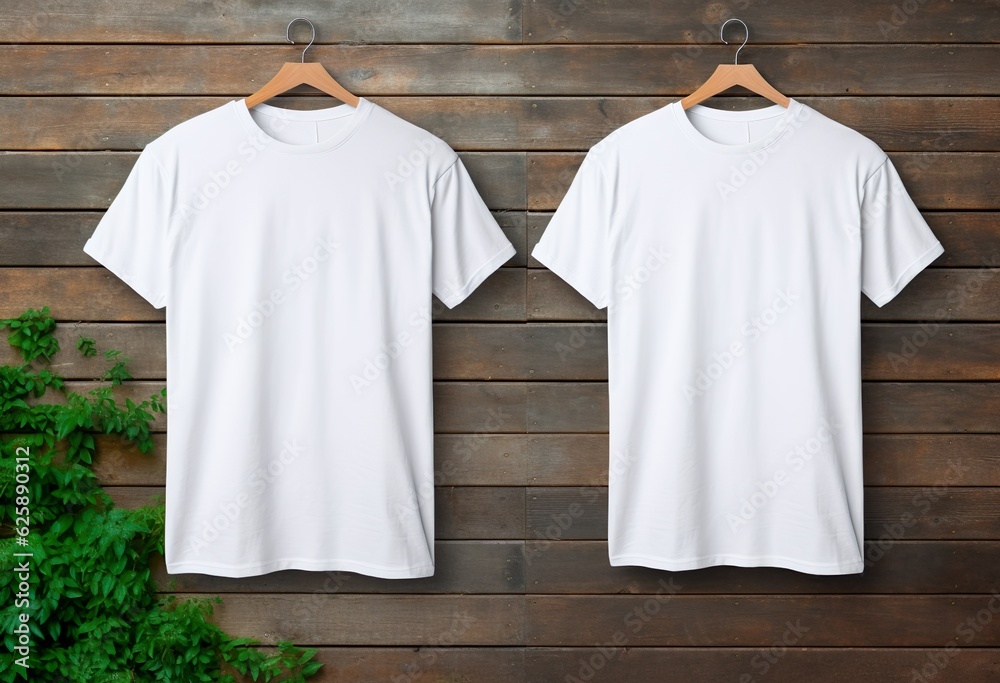 Blank White T-Shirt Mock-up on wooden hanger front