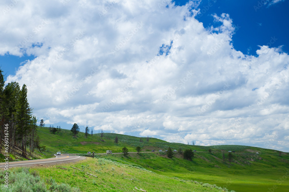 Scenic view of Hayden Valley,road stretch along the valley