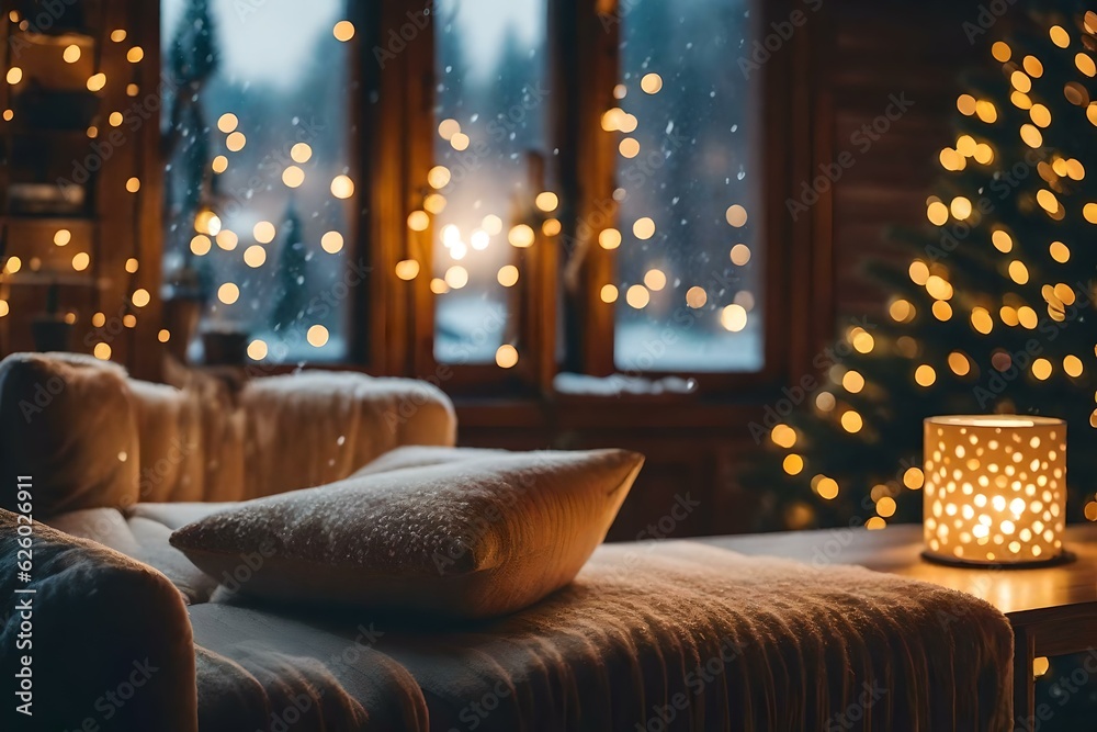 Comfy sofa with lights inside and snowfalling outside