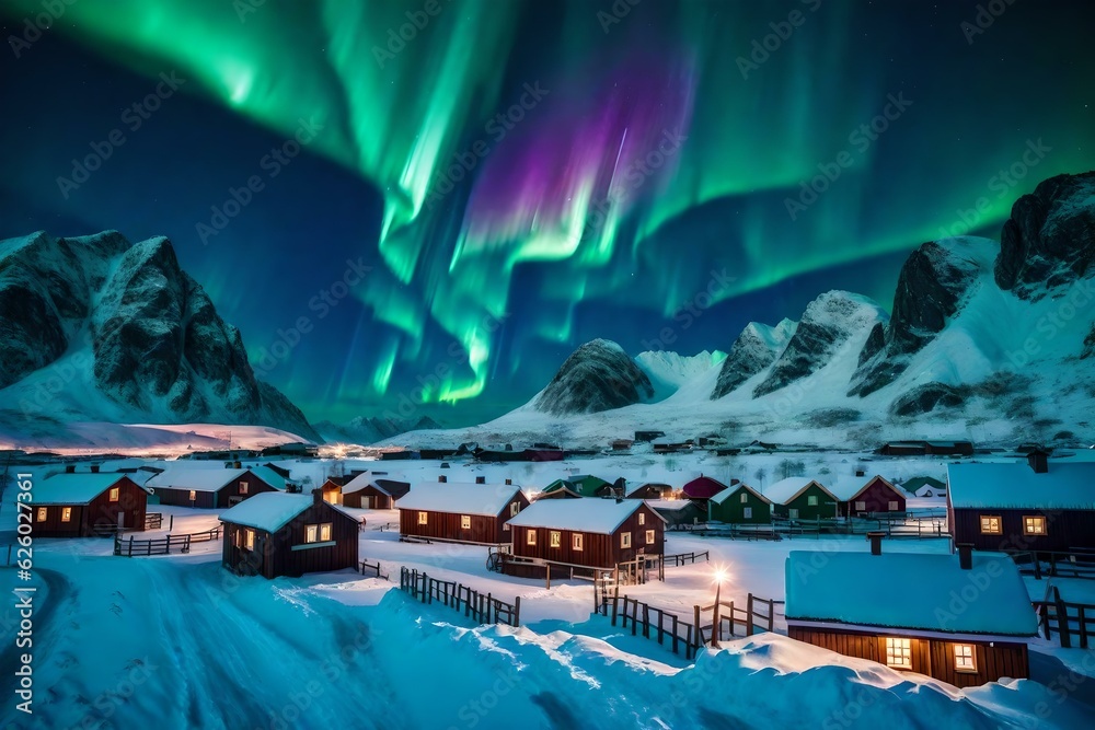 Multicolored Aurora borealis (Northern lights) landscape with lights in the houses