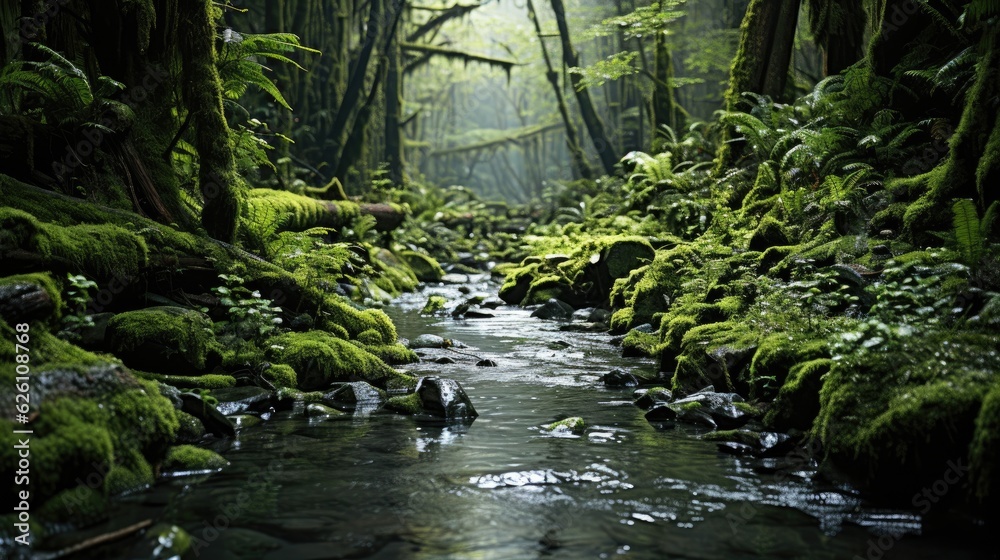 A dense, mossy rainforest with a small creek, towering ferns, and the distant sound of exotic bird c