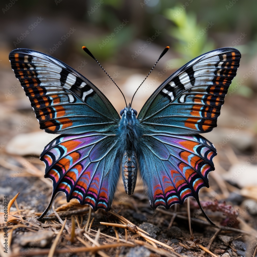 A zoomed-in perspective of a peacock butterfly on a thistle, its vibrant wings contrasting with the 