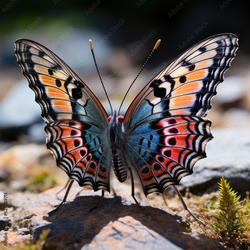 A zoomed-in perspective of a peacock butterfly on a thistle, its vibrant wings contrasting with the 