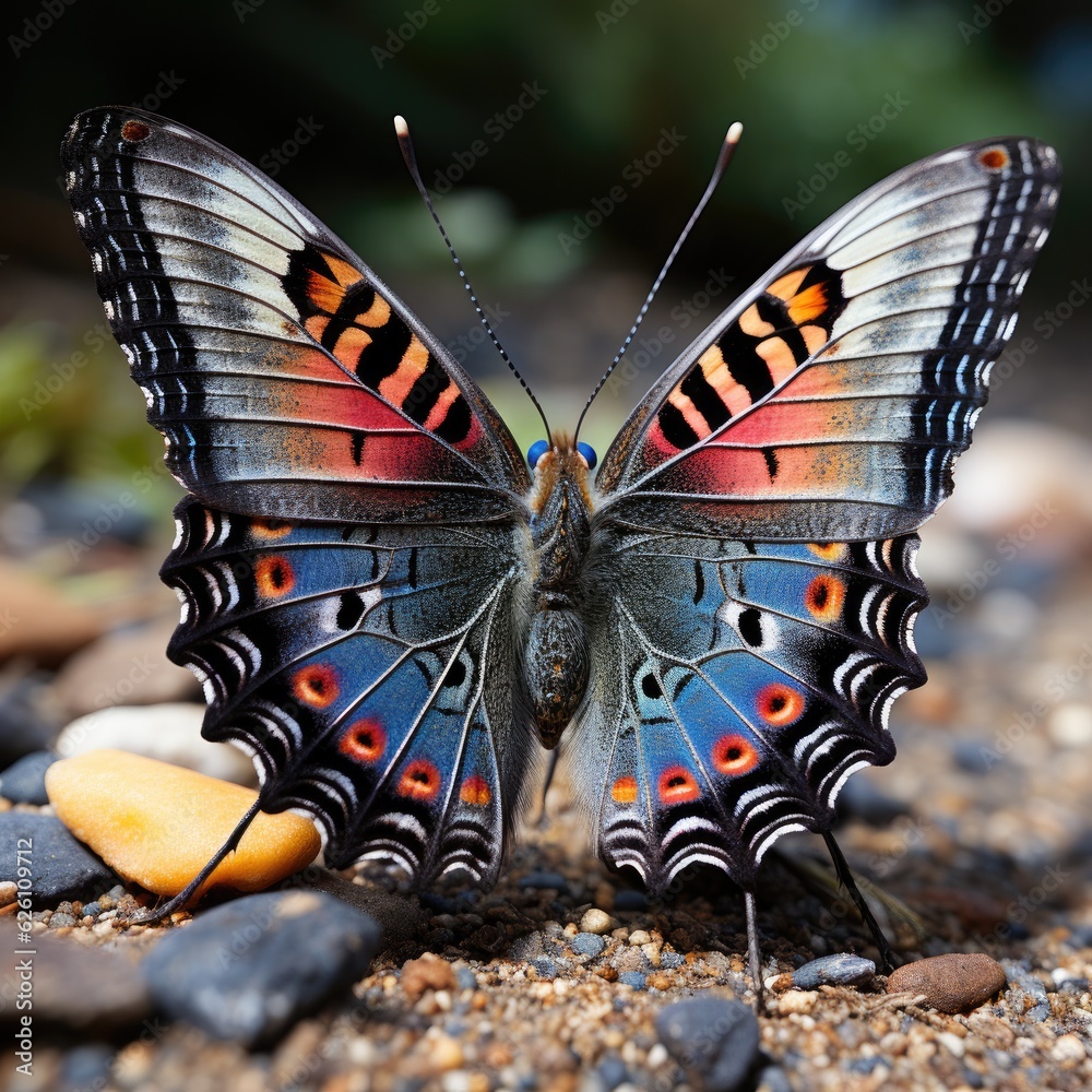 A zoomed-in perspective of a peacock butterfly on a thistle, its vibrant wings contrasting with the 