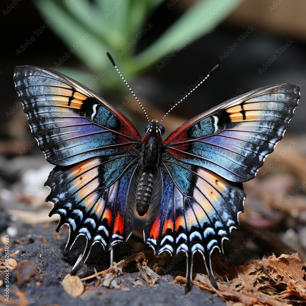 A zoomed-in perspective of a peacock butterfly on a thistle, its vibrant wings contrasting with the 