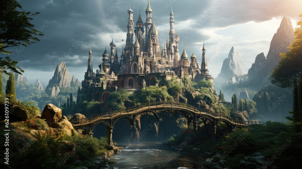 A magical fairy-tale castle perched on a hill, spires reaching for the sky, and a rainbow arching ov