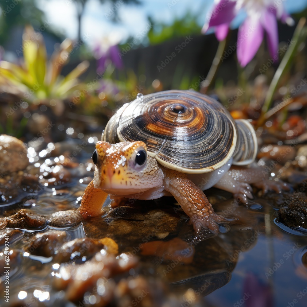 An intimate view of a snail making its way across a garden path, leaving a trail of slime behind it.