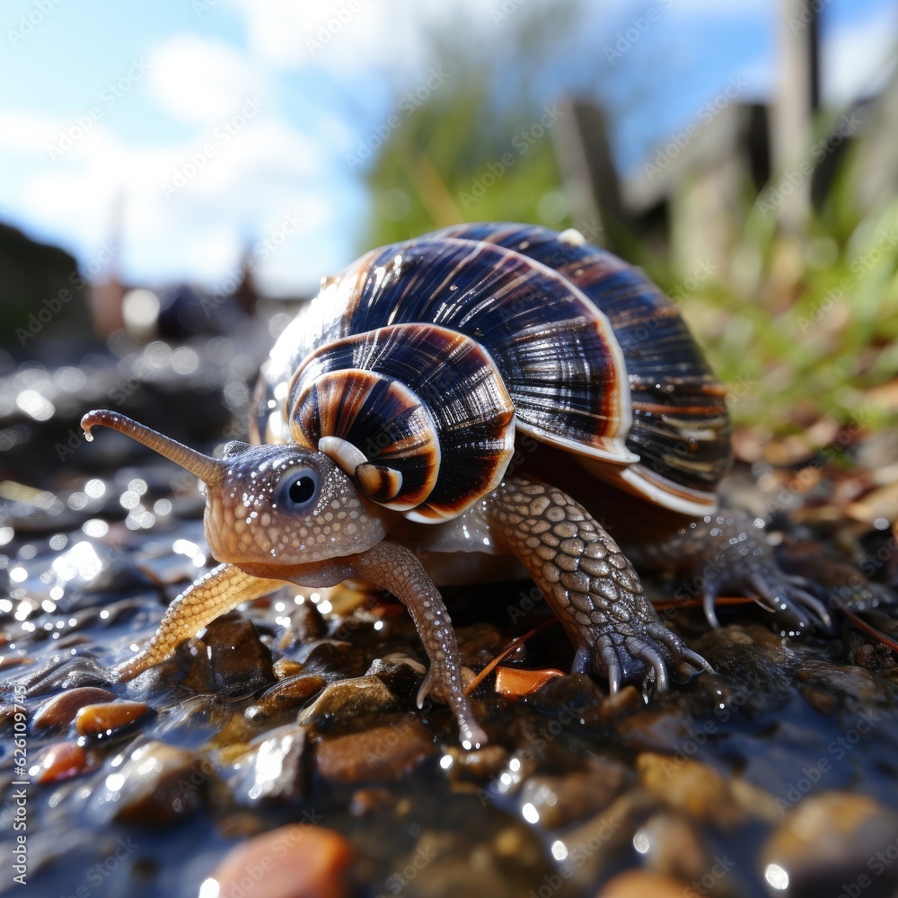 An intimate view of a snail making its way across a garden path, leaving a trail of slime behind it.