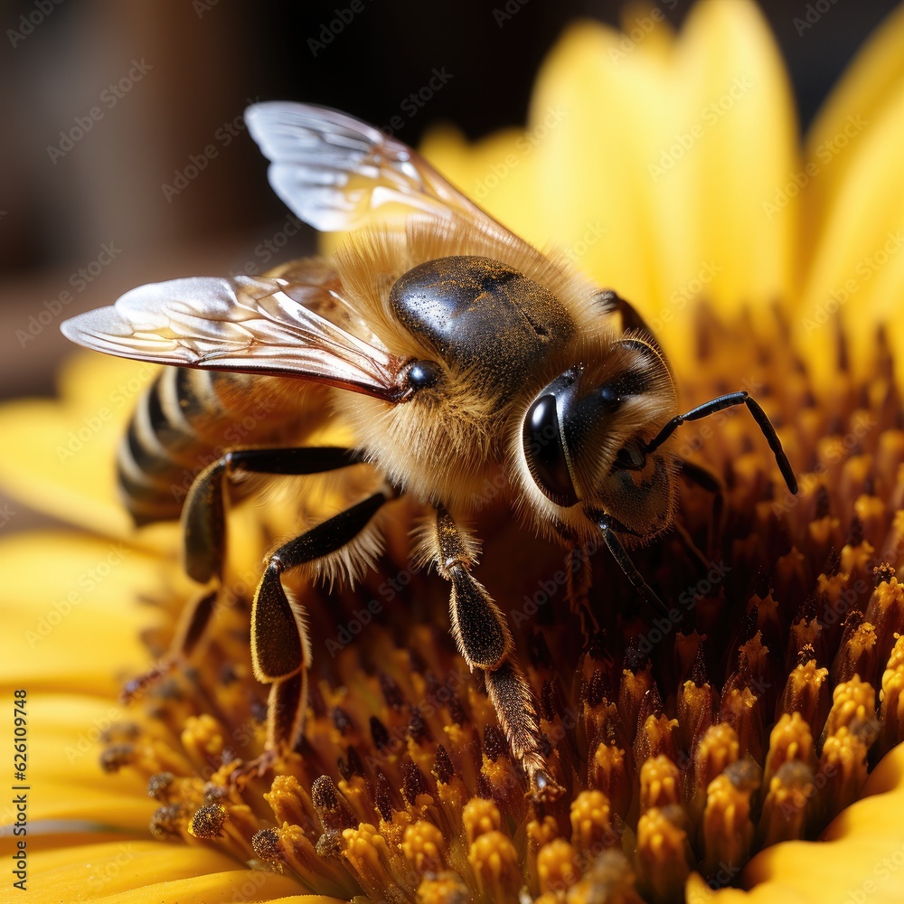 A zoomed-in perspective of a honeybee on a sunflower, its body covered in pollen, its compound eyes 