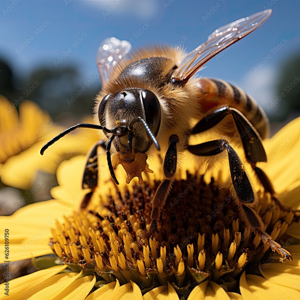 A zoomed-in perspective of a honeybee on a sunflower, its body covered in pollen, its compound eyes 