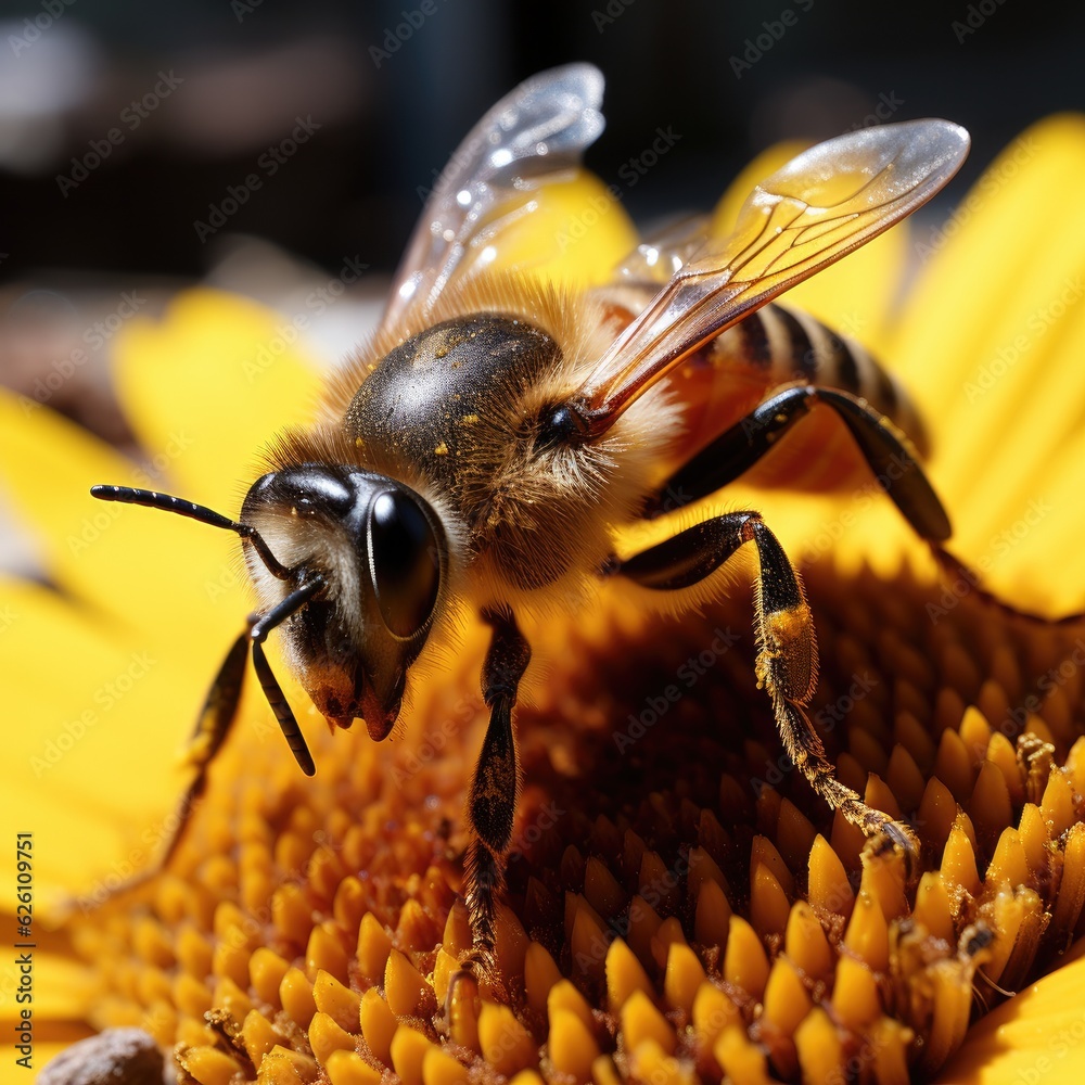 A zoomed-in perspective of a honeybee on a sunflower, its body covered in pollen, its compound eyes 