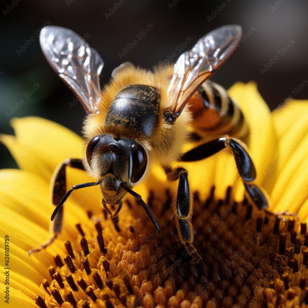 A zoomed-in perspective of a honeybee on a sunflower, its body covered in pollen, its compound eyes 