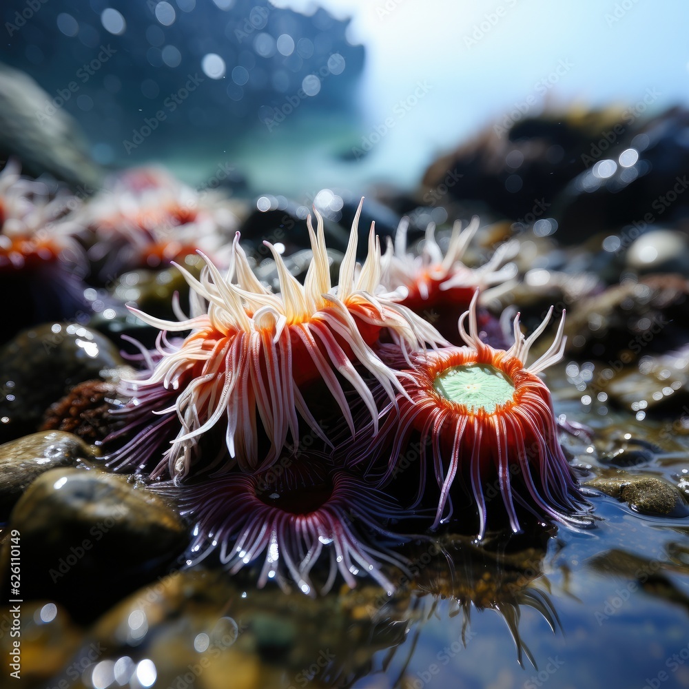 A macro view of a vibrant rock pool, with anemones unfurling their colorful tendrils, starfish cling