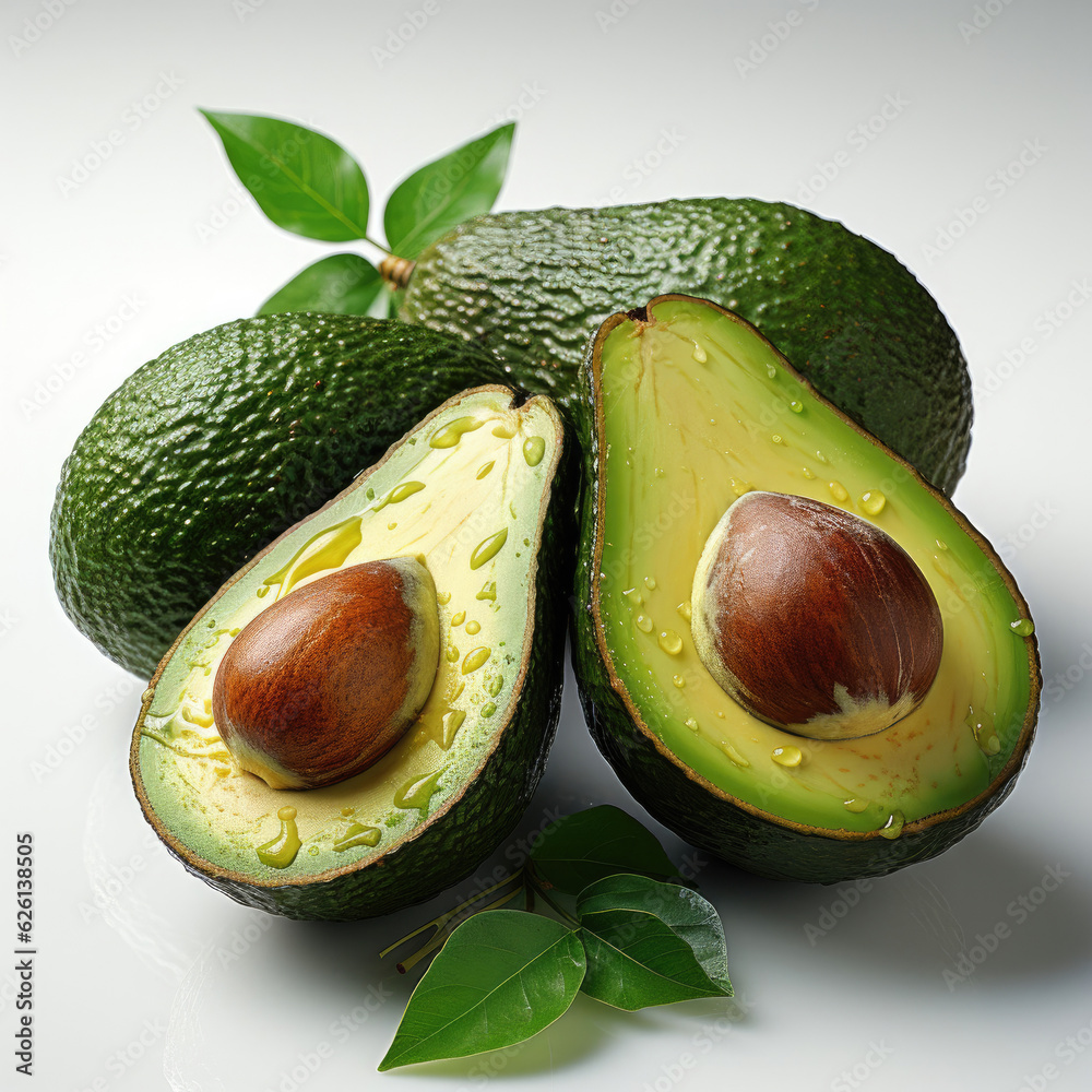 A ripe avocado cut in half revealing the seed, on a crisp white background.