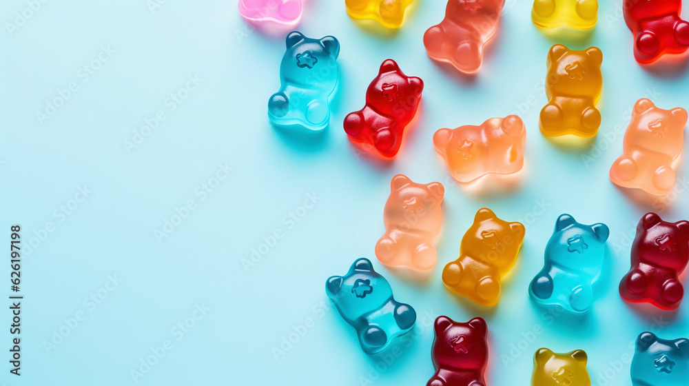 Gummy Jelly Bears Candies background. Sweet tasty backdrop. Generative AI