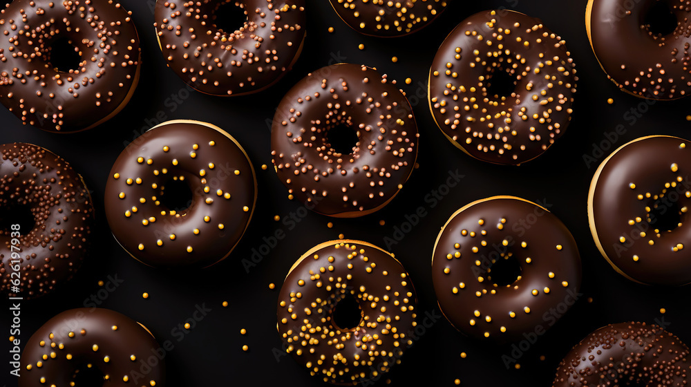 Donut with chocolate glaze background. Round american chocolate doughnuts. Generative AI