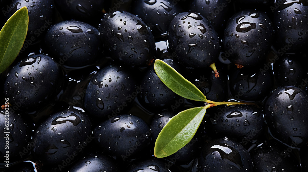 Black olives with leaves and water drops background. Vegetables backdrop. Generative AI