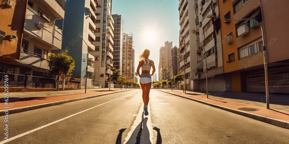 Woman running on city street. Urban workout. Generative AI