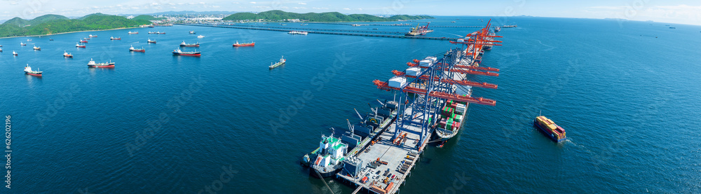 Cargo container Ship running on Bridge Cargo Shipyard. Container ship under the crane Sea Port servi