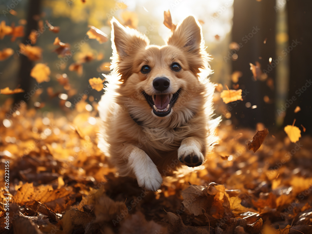 Funny happy cute dog puppy running, smiling in the leaves. Golden autumn fall background. Generative