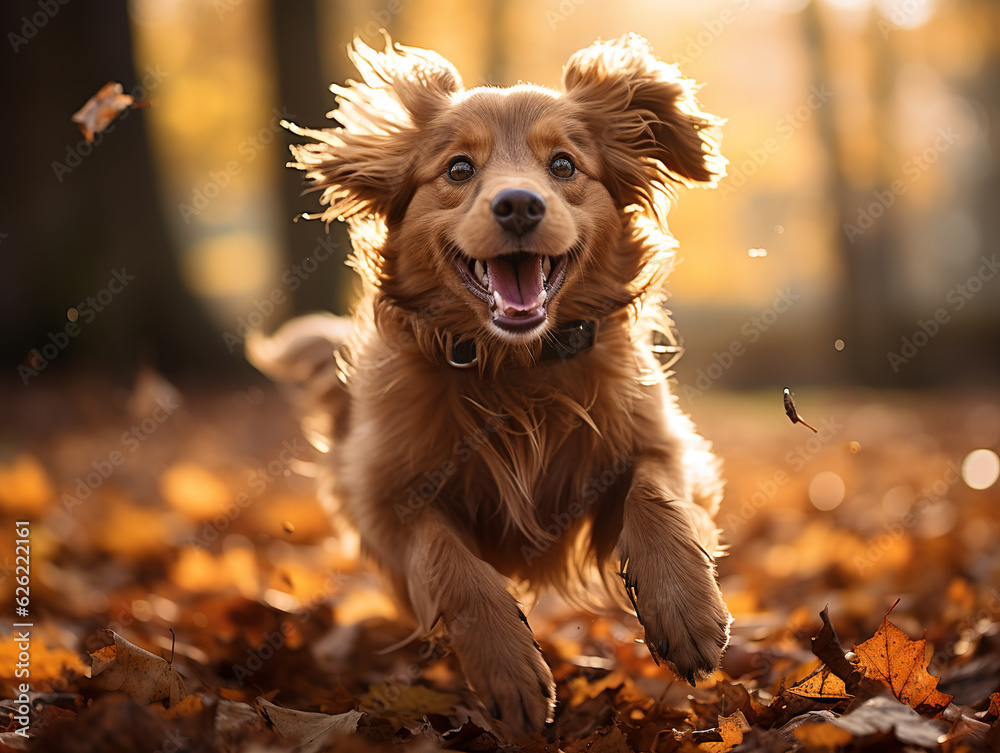 Funny happy cute dog puppy running, smiling in the leaves. Golden autumn fall background. Generative