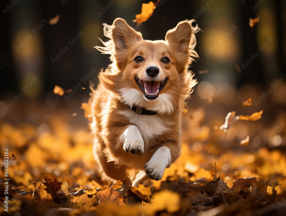 Funny happy cute dog puppy running, smiling in the leaves. Golden autumn fall background. Generative