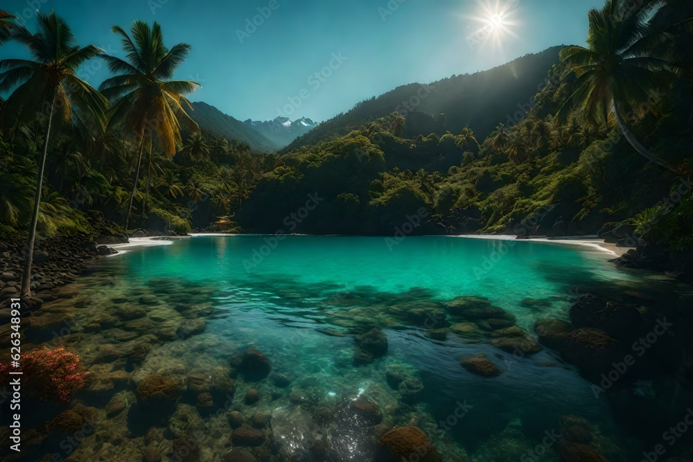 Tropical paradise island between mountains