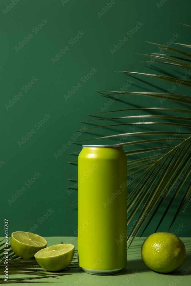 Can of soda with lime and palm leaves on green background