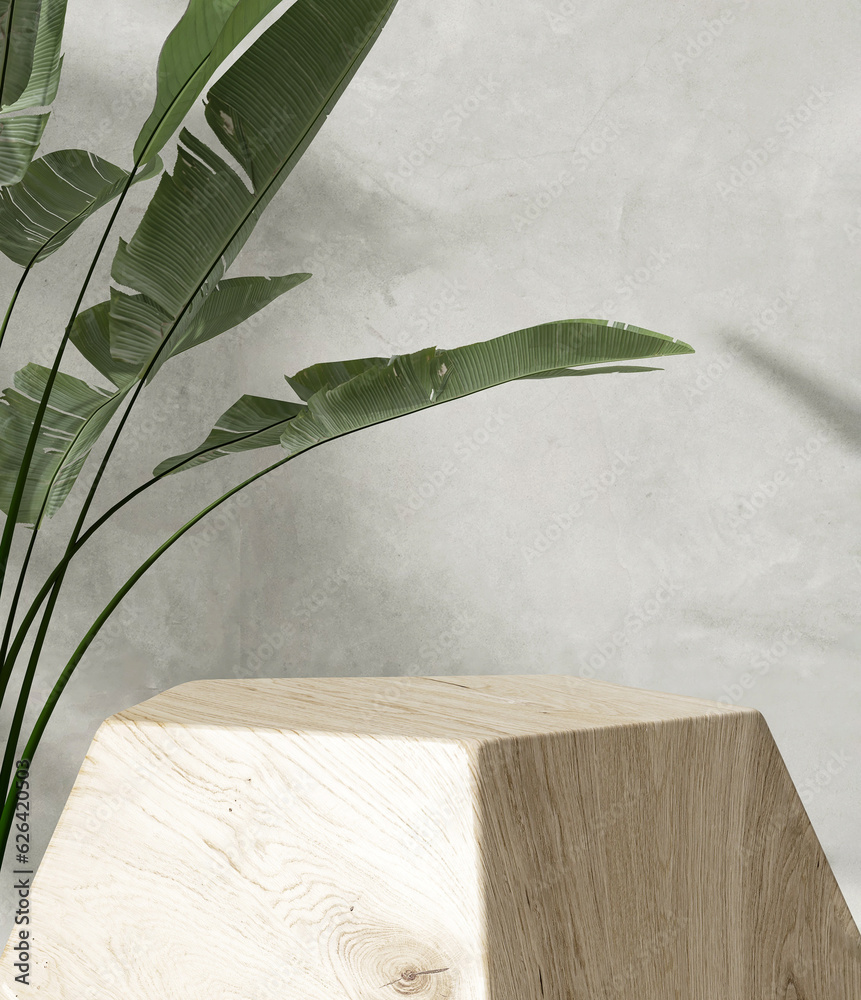 Modern brown geometric shape wooden podium table, pentagon side, green banana tree in sunlight, leaf