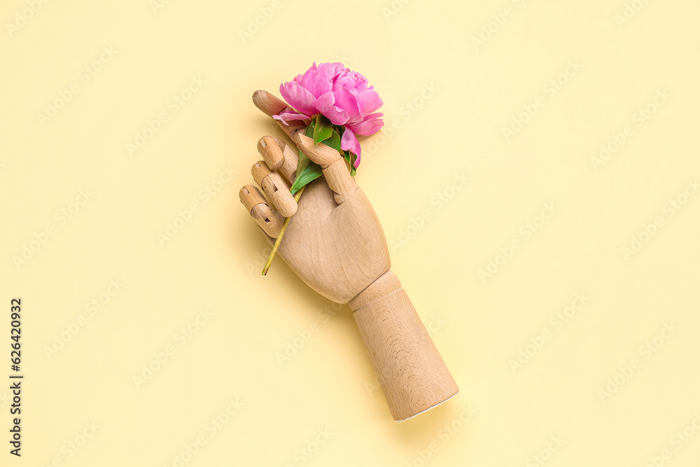 Wooden hand with beautiful peony flower on color background