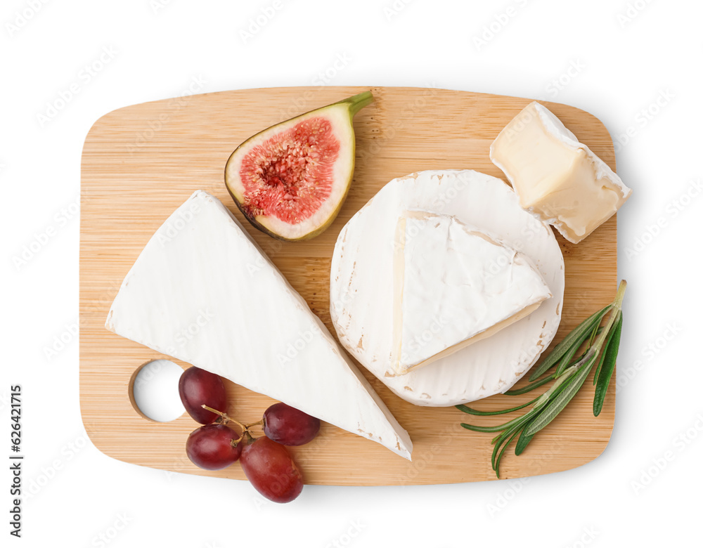 Wooden board with tasty Camembert cheese on white background