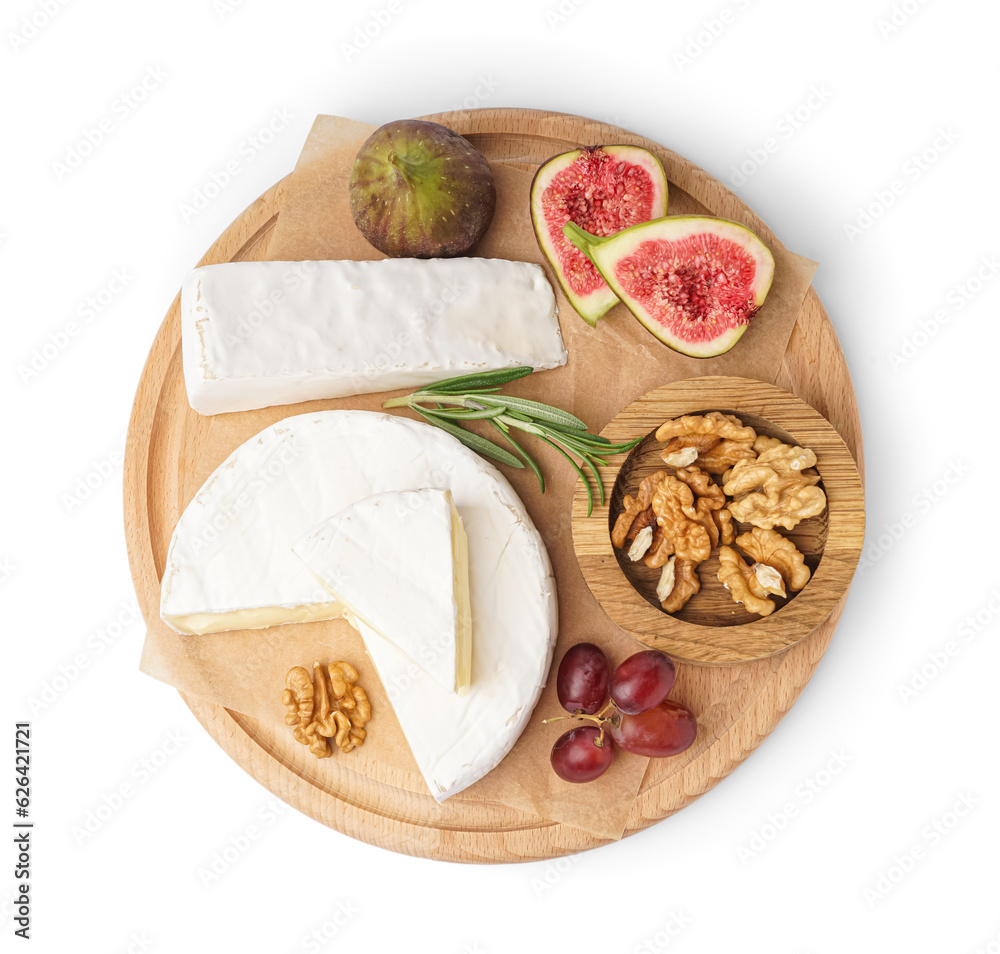 Wooden Board with pieces of tasty Camembert cheese on white background