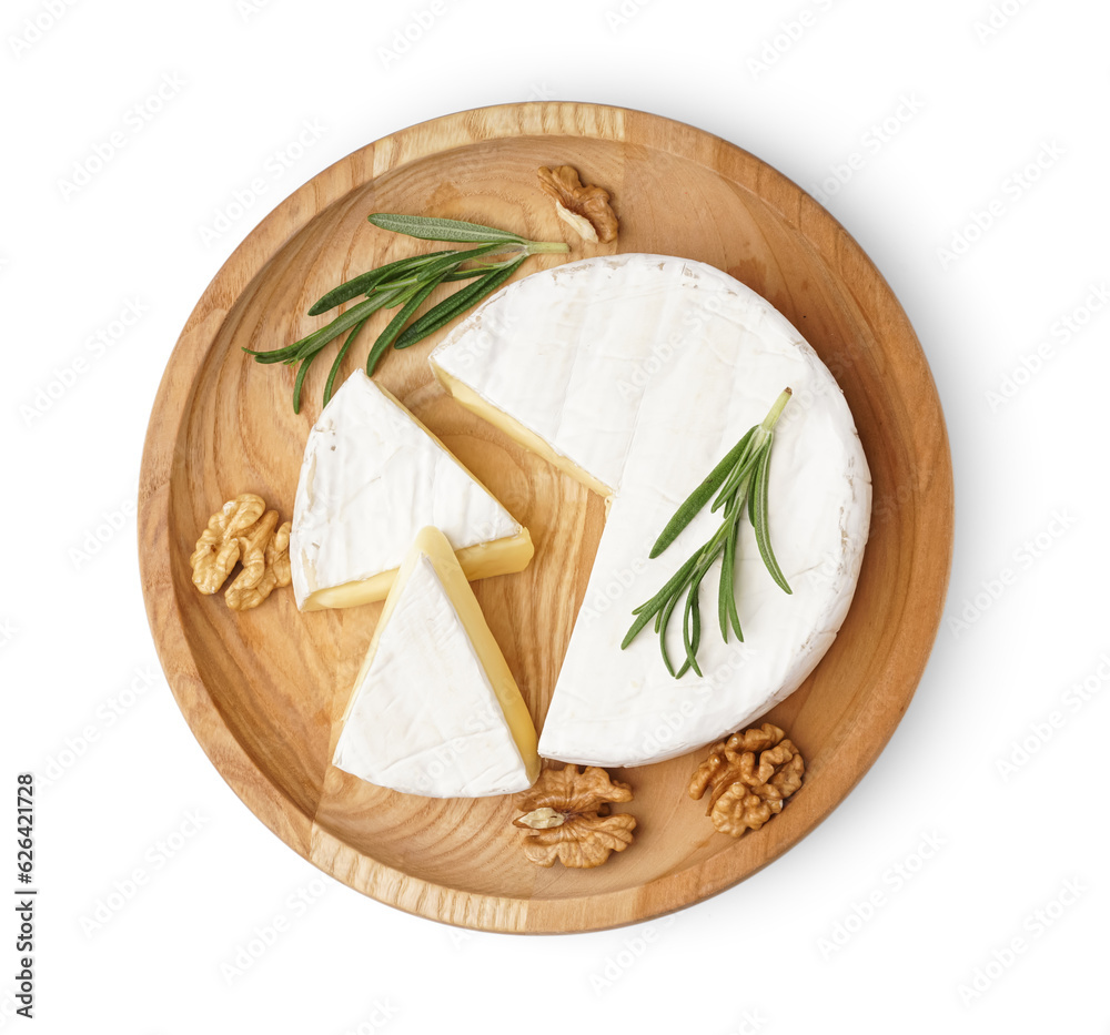 Plate with pieces of tasty Camembert cheese on white background