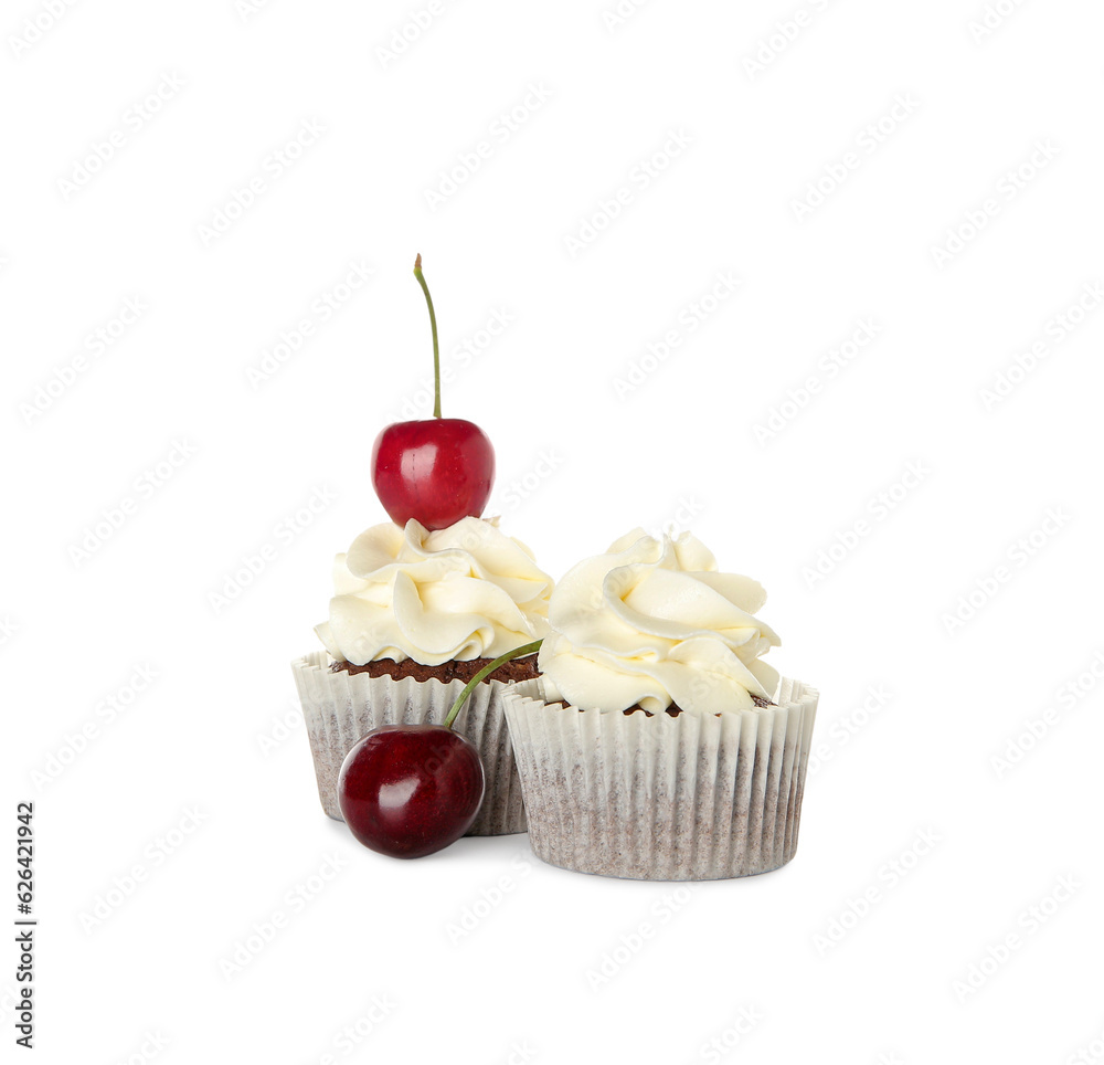 Tasty cherry cupcakes on white background