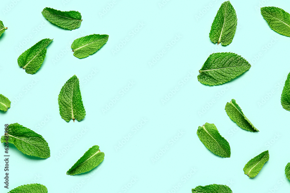 Composition with fresh mint leaves on color background