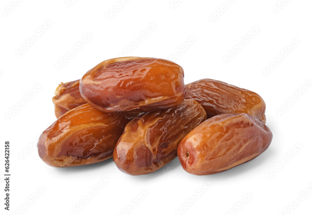 Heap of dried dates on white background