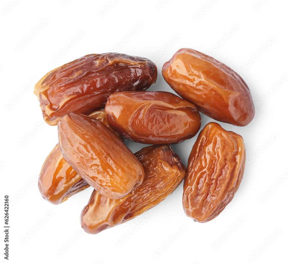 Heap of dried dates on white background