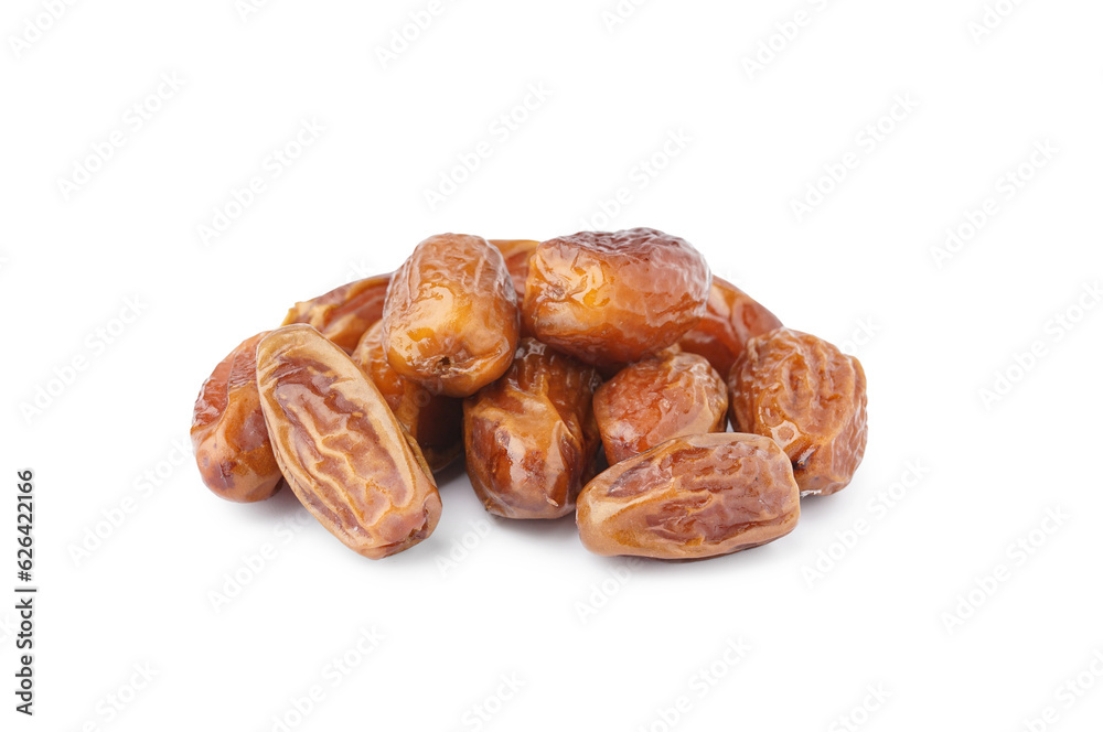 Heap of dried dates on white background