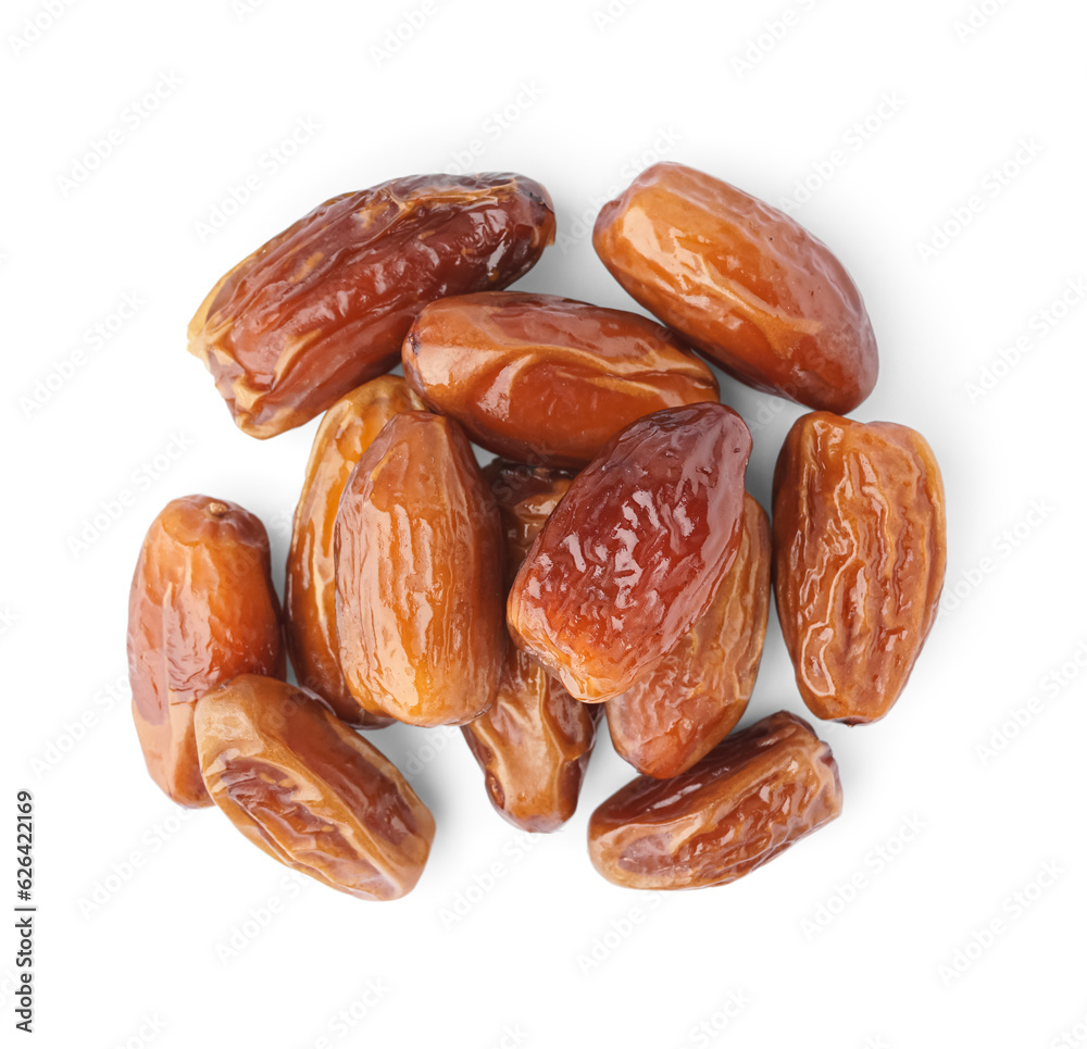 Heap of dried dates on white background