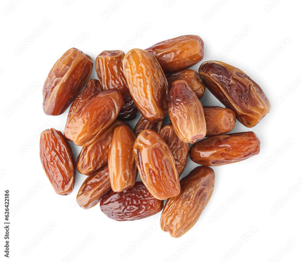 Heap of dried dates on white background