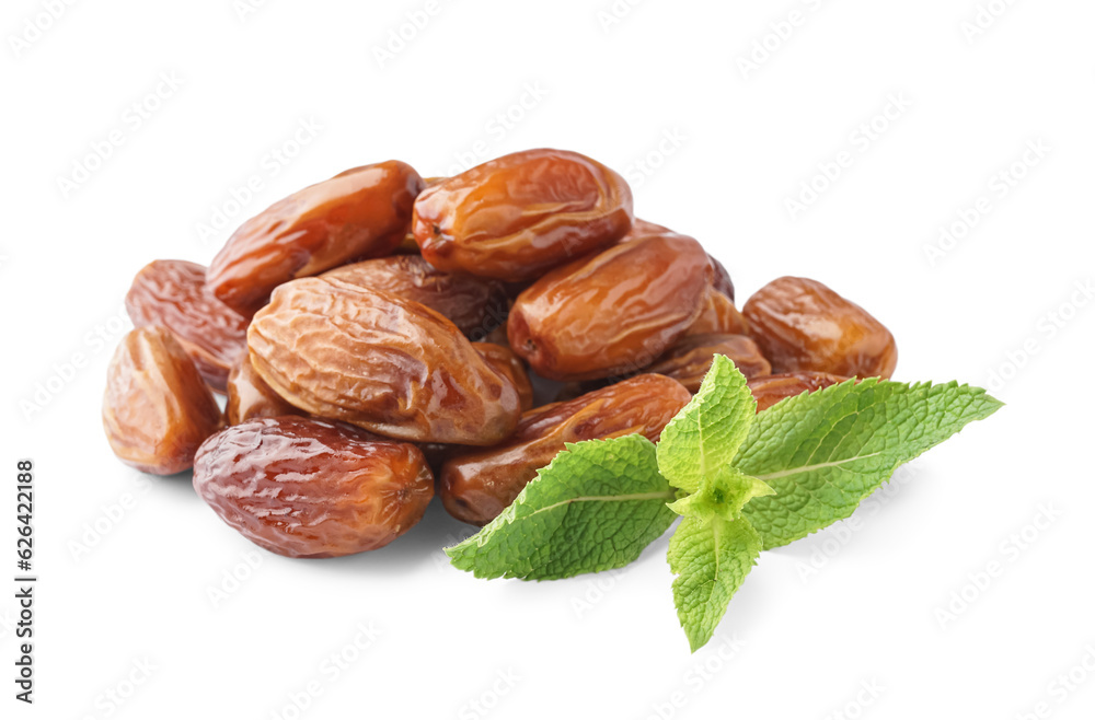 Heap of dried dates on white background