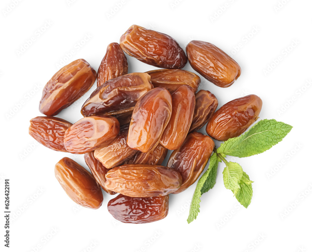 Heap of dried dates on white background