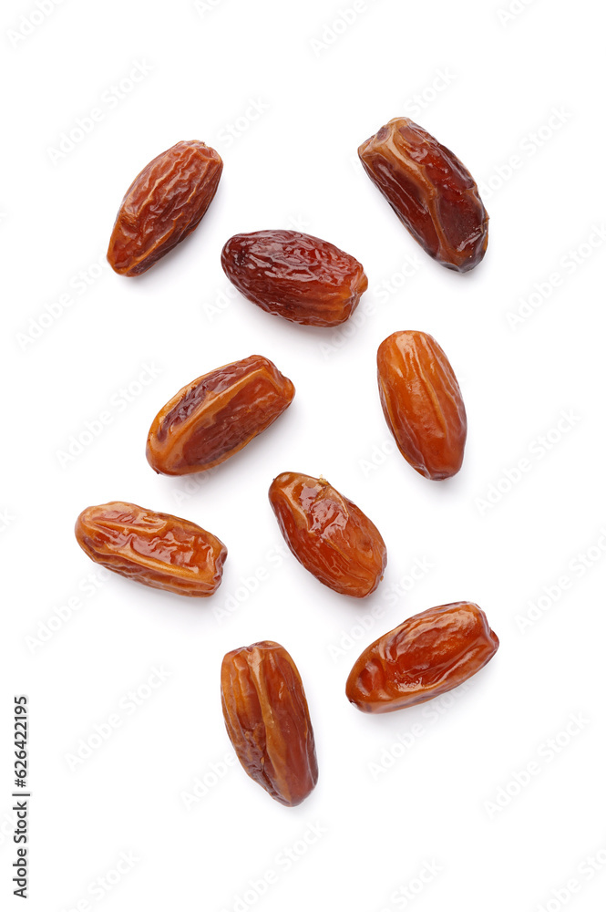 Dried dates on white background