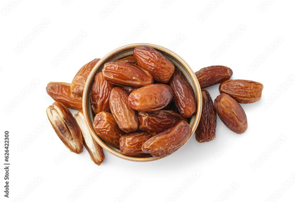 Bowl with dried dates on white background