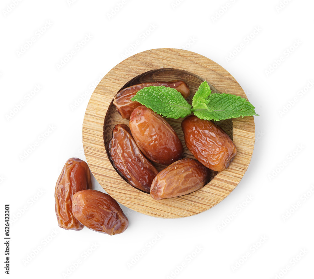 Bowl with dried dates on white background